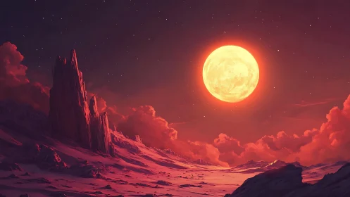 Lunar-sized star illuminates rocky landscape under red sky