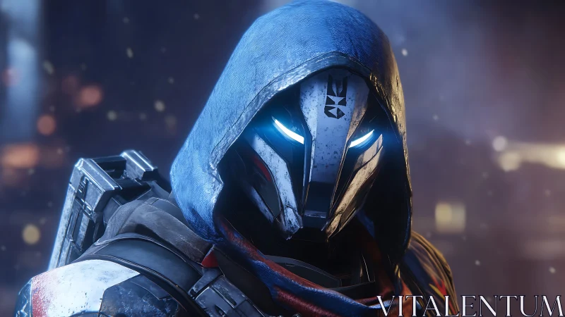 Armored sci fi warrior with glowing eyes in blue hood.