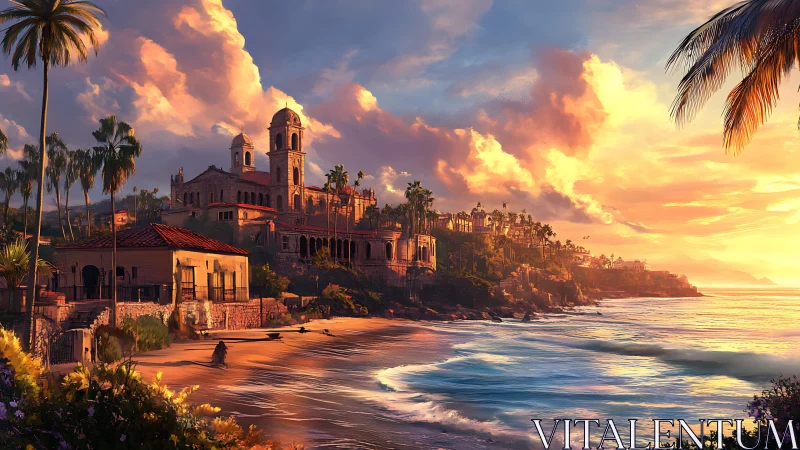 Sunlit coastal citadel overlooks palm-lined bay at sunset