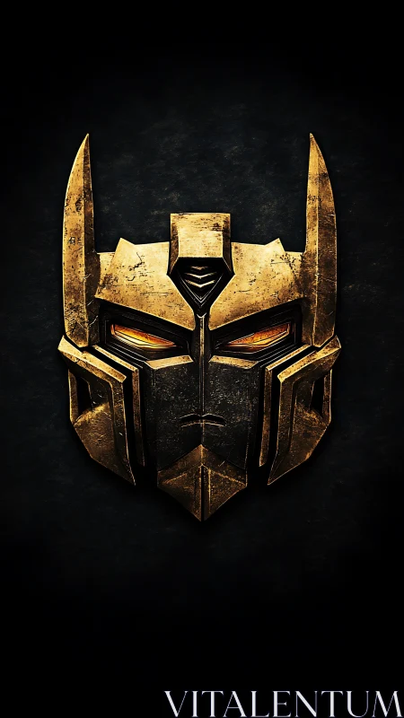 Weathered golden mech mask with glowing ember eyes.