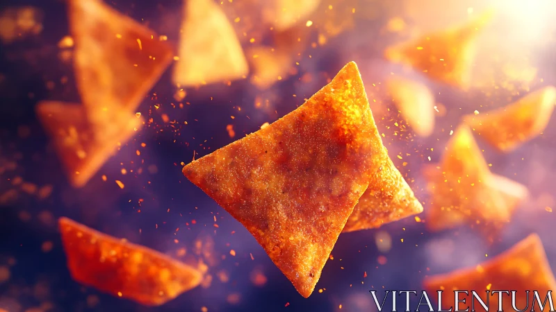 Close-up floating orange tortilla chips with seasoning dust.