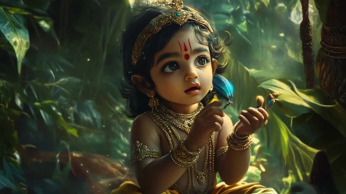 Forest-crowned child deity cradling whisper-blue feathered wonder.