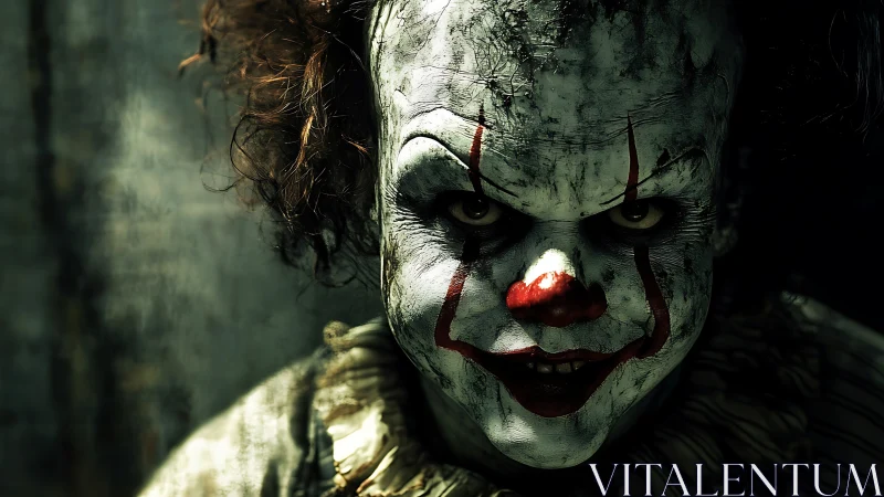 Close-up portrait of sinister clown with worn makeup.