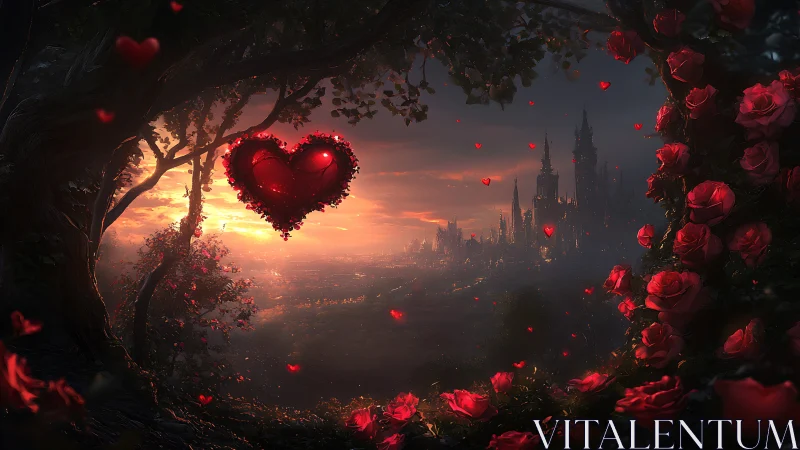 Glowing heart shaped heart hovers above a fantasy castle at magical sunset