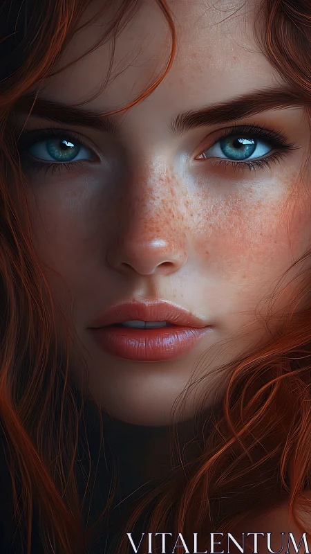 Freckled redhead portrait with hyperreal cyan eyes closeup.