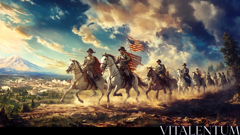 Mounted soldiers with flag traverse ridge above distant city