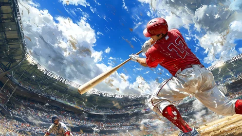 Explosive baseball swing under sweeping stadium sky panorama.