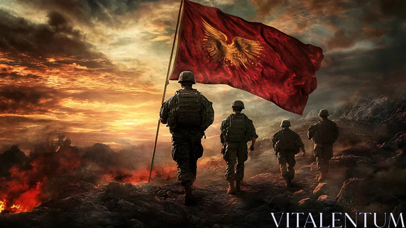 Soldiers advancing under large red flag in burning landscape.