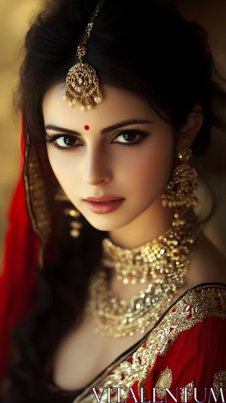 Portrait of woman in red saree with traditional jewelry.