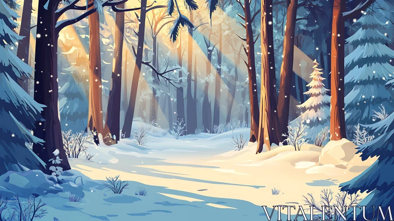 Winter Forest Landscape. Golden Sunlight Through Towering Pines.