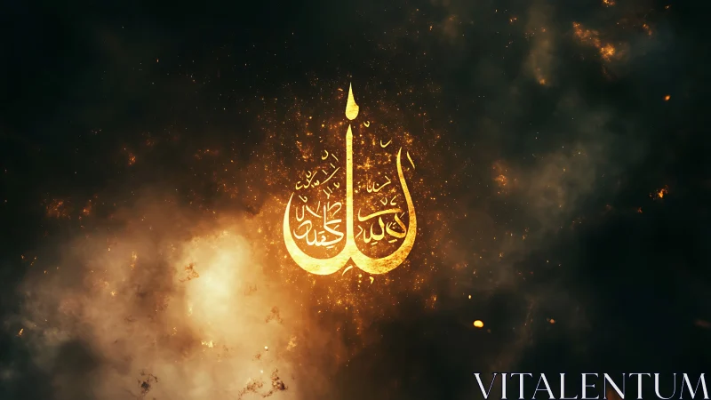 Islamic calligraphy emblem amid dark abstract backdrop.
