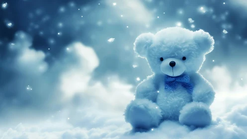 Soft-focus digital teddy bear in luminous snowy atmosphere.