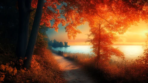 Sunlit lakeside path framed by glowing autumn foliage.
