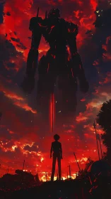Colossal combat mecha silhouetted in crimson apocalyptic sky.