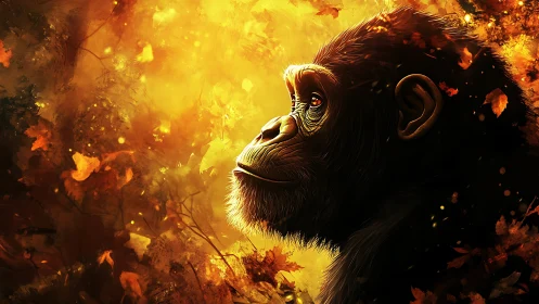 Chimpanzee portrait in glowing autumn forest light.