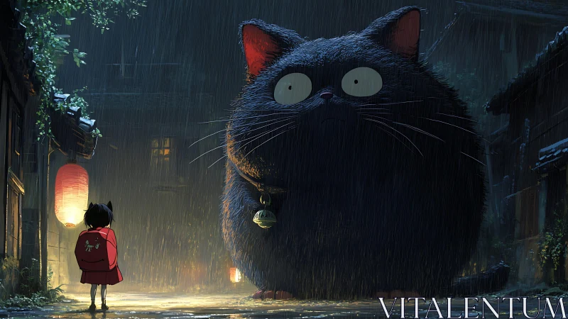 Child facing giant black cat spirit in rainy alleyway.