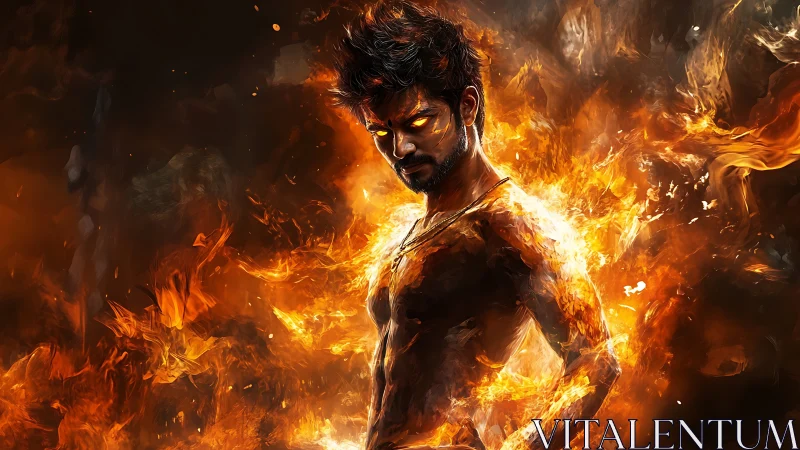 Male humanoid figure surrounded by intense digital flames.