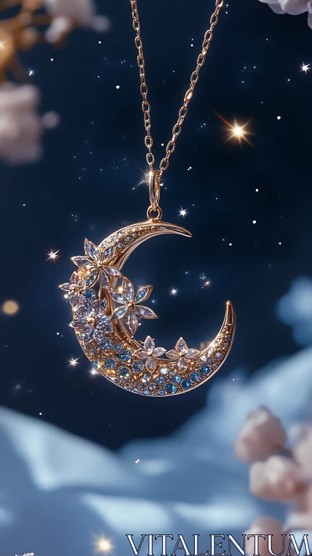 Gold crescent moon necklace hangs against soft night sky backdrop
