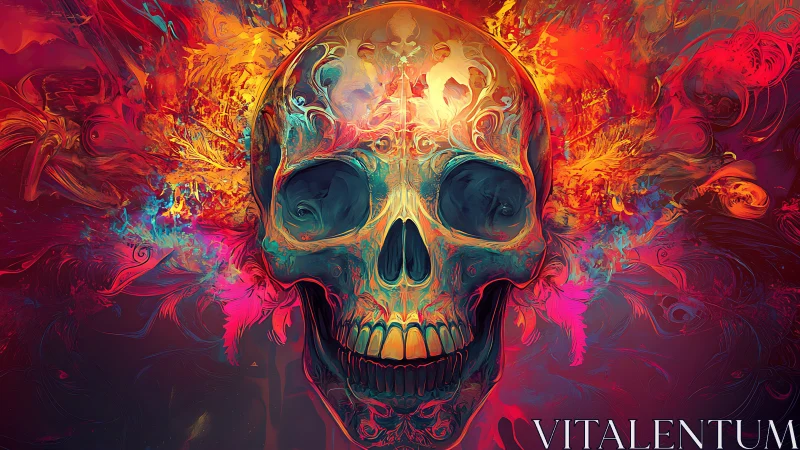 Flaming neon skull emerges from swirling abstract chaos