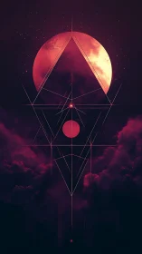 Geometric lines intersect circular forms against a red moon