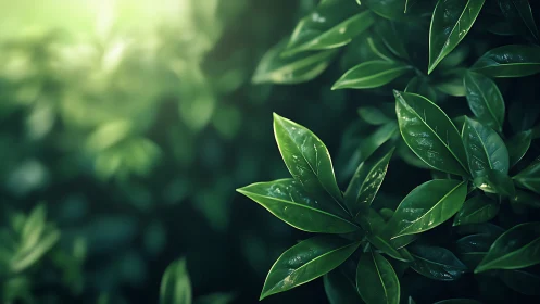 Sunlit green foliage glows softly in a tranquil garden