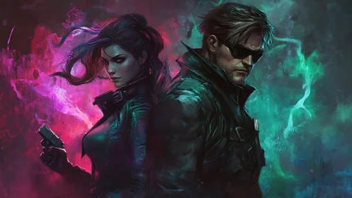 Two armed agents stand back to back in neon colored light