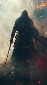 Shrouded warrior advancing through embers and stormfire.