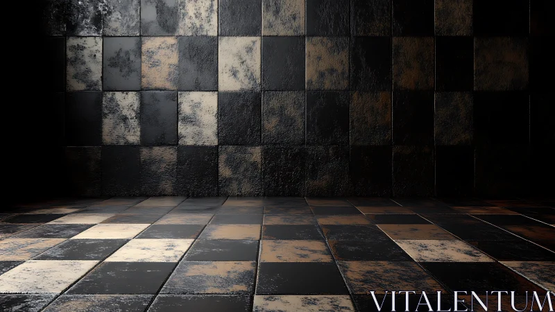 Dark industrial checkered room suggests moody showcase space
