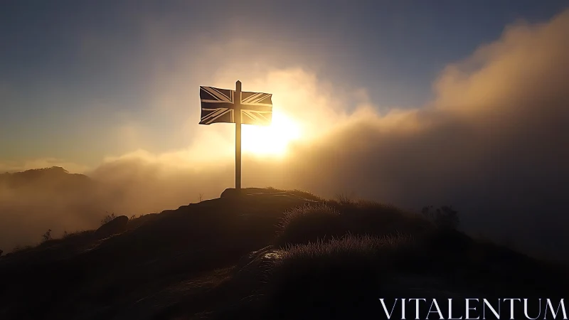 Union Jack silhouette drinks the sunrise at a misty summit
