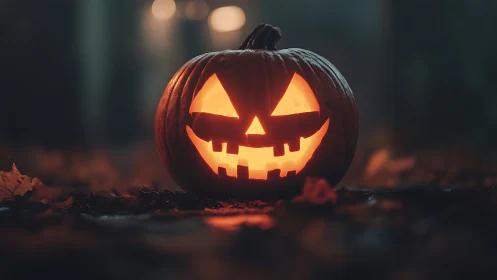 Grinning jack o lantern stakes its claim on foggy midnight