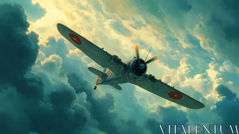 Vintage monoplane diving through cumulonimbus cloud break