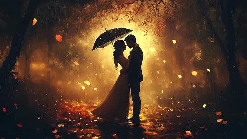 Two souls beneath obsidian parasol dance through amber downpour