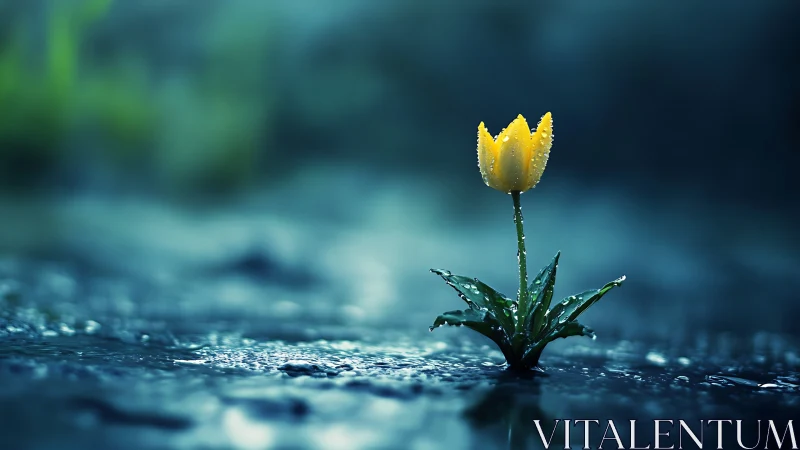 Yellow tulip after rainfall in moody blue landscape.