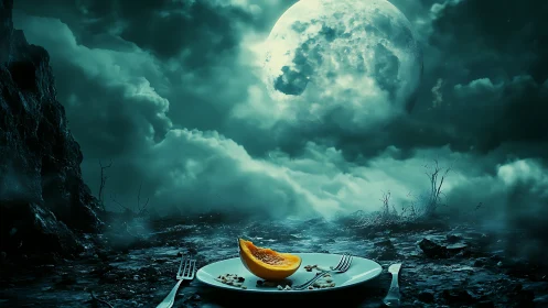Surreal lunar banquet scene contrasts desolate terrain and fruit