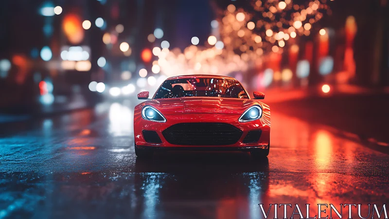 Red sports car is positioned centrally on wet city street