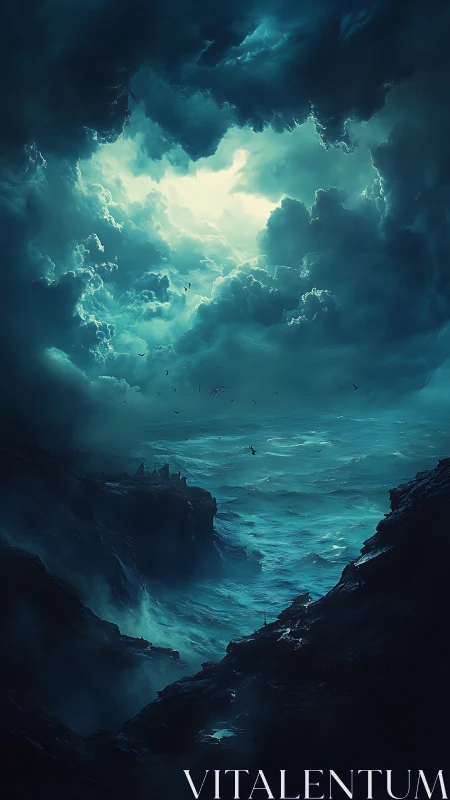 Stormlit ocean canyon beneath a glowing break in clouds.