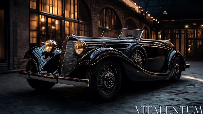 Elegant vintage roadster glows softly in a warm city courtyard