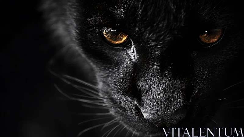 Intense close-up captures a black cat&rsquo;s piercing amber gaze.