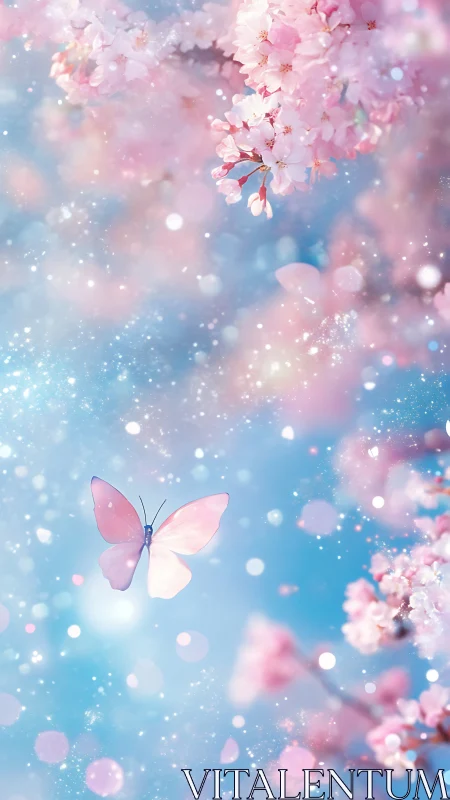 Soft-focus butterfly gliding through bokeh-lit cherry blossom haze