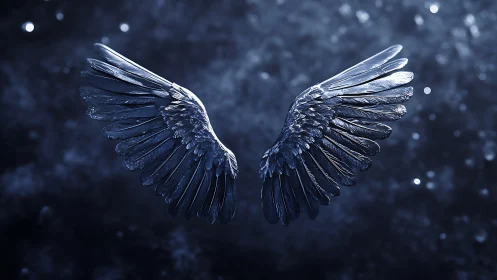 Dark metallic angel wings spread on deep blue background.