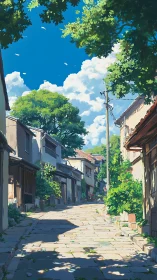 Sunny hillside alley in quiet anime-style village street.