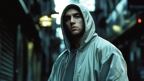 Quiet resolve in a neon city alley at blue hour.