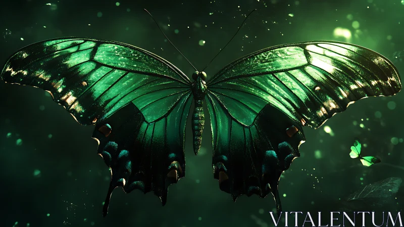 Emerald butterfly spreads luminous wings in dark forest glow.