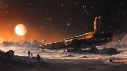 Starfreighter rests on frozen exoplanet under twin moons.