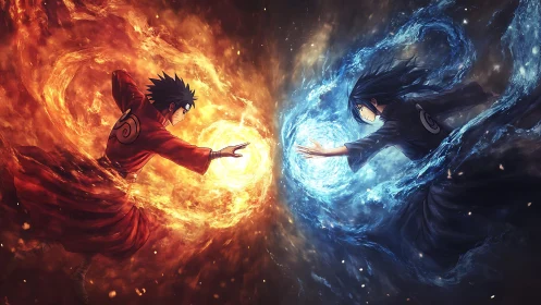 Two opposing figures direct fire and water energy spheres