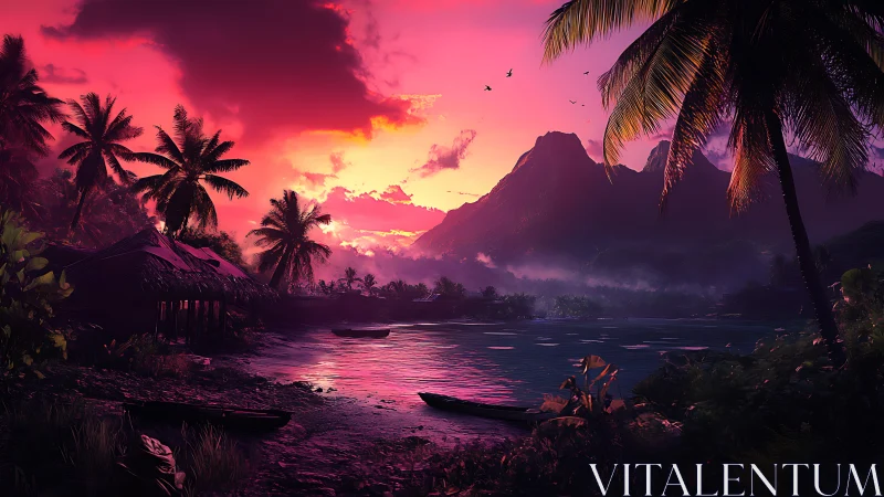 Tropical Sunset over Mountain Lake with Palm Trees