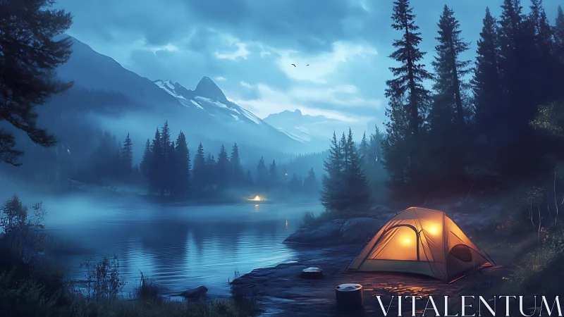 Twilight lakeside campsite with illuminated tent and alpine ridge