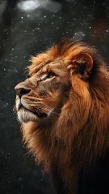 Male lion in profile under snowfall rendered in photoreal detail