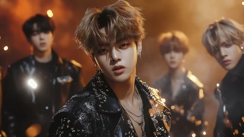 Glam-lit boy band smolders amid molten haze and sparks.