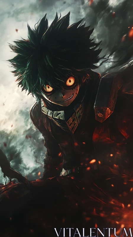 Intense green haired warrior stands amid burning embers